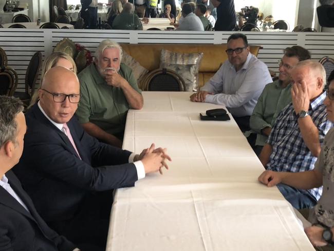 Federal Opposition leader Peter Dutton (left) at the Stella Blu roundtable. Picture: Jim O’Rourke