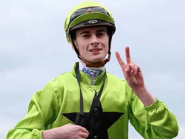 Jockey Teo Nugent returns to scale on Tshahitsi  after claiming victory his second victory in race 9, Catanach's Jewellers Handicap during the Bletchingly Stakes Day at Caulfield Racecourse in Melbourne, Saturday, July 27, 2019. (AAP Image/George Salpigtidis) NO ARCHIVING, EDITORIAL USE ONLY