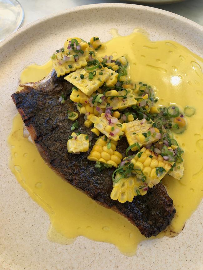 Barramundi, sweet corn, green chilli at Fino at Seppeltsfield, Barossa Valley.