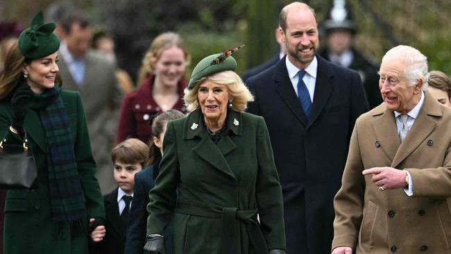 Britain's King Charles III, Britain's Queen Camilla Britain's Catherine, Princess of Wales Britain's Prince Louis of Wales and Britain's Prince William, Prince of Wales arrive to attend the Royal Family's traditional Christmas Day service at St Mary Magdalene Church in Sandringham, Norfolk, eastern England, on December 25, 2024. (Photo by Oli SCARFF / AFP)