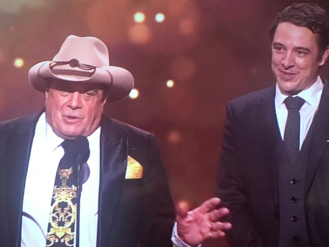 Molly Meldrum interrupts Samuel Johnson during his Gold Logie speech. Picture: Supplied