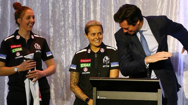 Emma King (left) at the AFLW launch with Mona Hope and AFL chief executive Gillon McLachlan. Picture: Wayne Ludbey