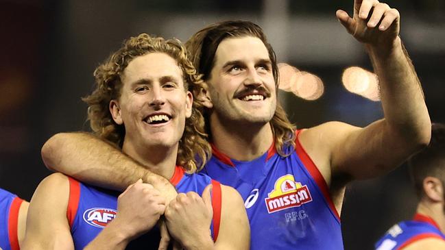 Big forwards Aaron Naughton and Josh Bruce are loving life at the Western Bulldogs in 2021. Picture: Robert Cianflone/Getty Images