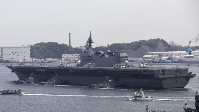 Japan's Maritime Self Defense Forces helicopter carrier Izumo sails out its Yokosuka Base in Kanagawa prefecture on May 1, 2017. Picture: AFP