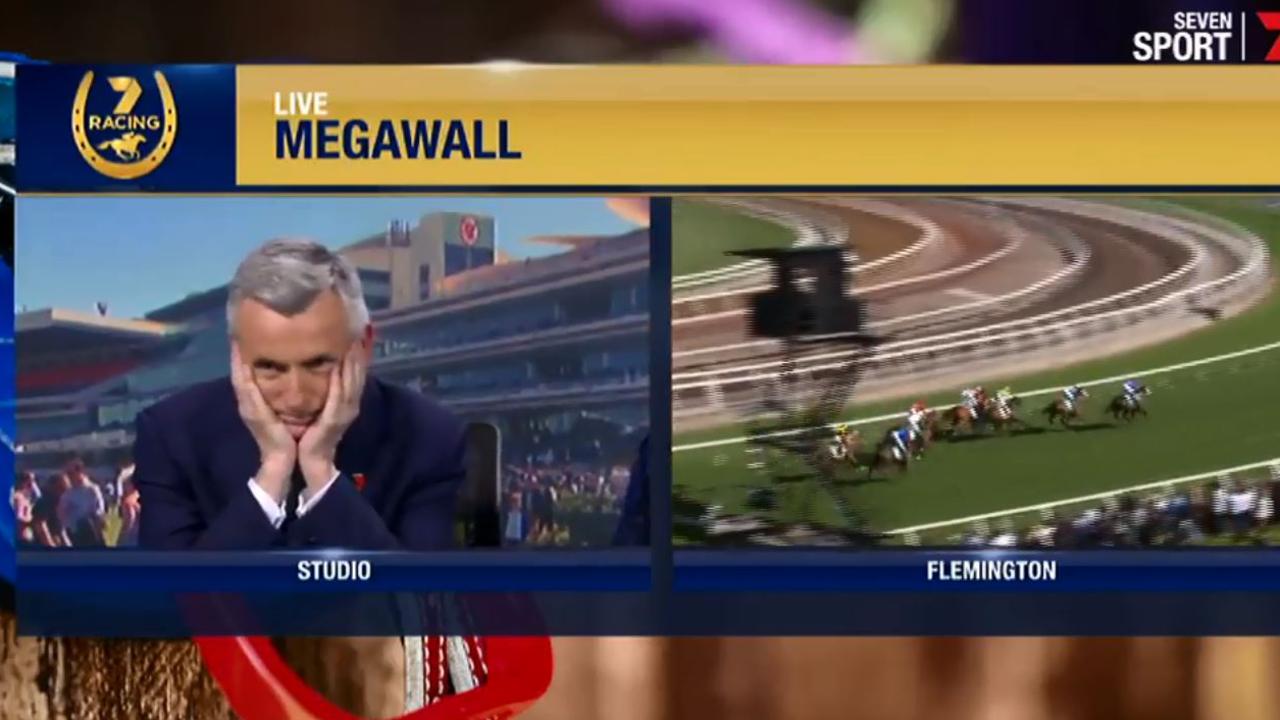 Bruce McAvaney slumps in his chair in relief after Winx's latest win.