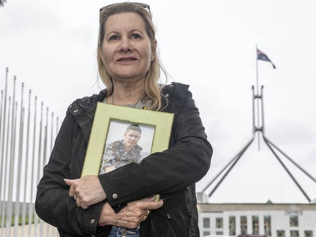 The mother of Dave Finney, Julie-Ann Finney, was among Australian veterans who gathered outside Parliament House in Canberra to petition for a royal commission into suicides among veterans and defence personnel.Picture: NCA NewsWire / Gary Ramage