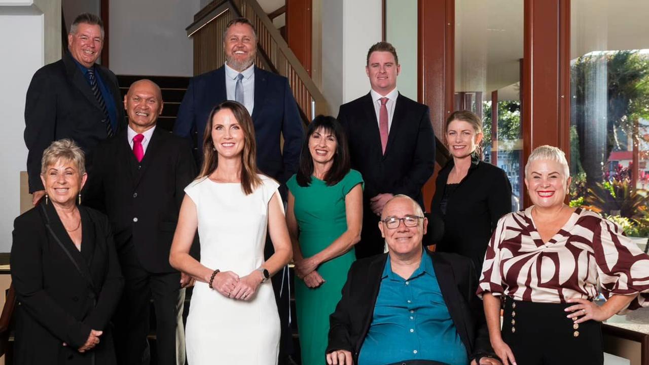 The new Cairns Regional Council was sworn in on Thursday, April 11, 2024. (L-R back row) Brett Moller (Division 1), Brett Olds (Division 9) and Matthew Tickner (Division 2) (L-R middle) Trevor Tim (Division 5), Cathy Zeiger (Division 3) and Anna Middleton (Division 7) (L-R front) Rhonda Coghlan (Division 8), Mayor Amy Eden, Rob Pyne (Division 5) and Kristy Vallely (Division 6). Picture: Supplied/Veronica Sagredo