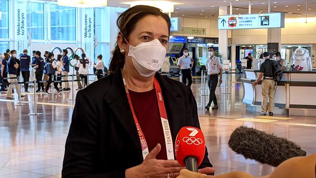 Queensland Premier Annastacia speaks to the media upon arrival at Haneda Airport.