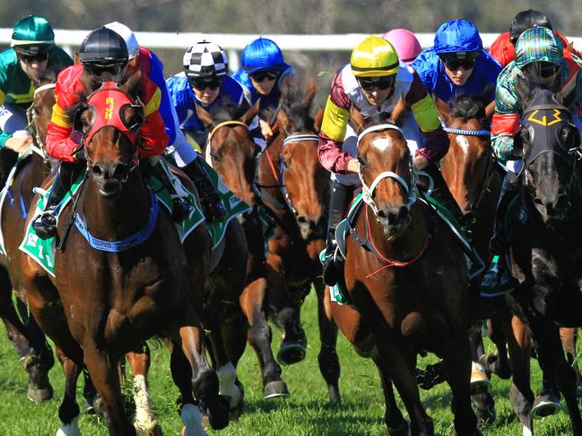 Loving home ridden by Tye Angland  (yellow cap, maroon with yellow armbands) wins race 1 during Scone  Races located in the Upper Hunter Region of NSW. The Bend . Pic Jenny Evans