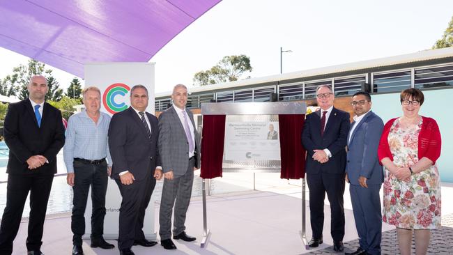 Cumberland Council works and infrastructure director Peter Fitzgerald, councillors Glenn Elmore and Michael Zaiter, Mayor Steve Christou, Prospect state Labor MP Hugh McDermott, and councillors Suman Saha and Lisa Lake officially open Wentworthville Swimming Centre. Picture: Monique Harmer