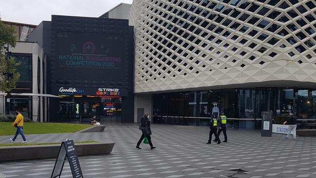 Police were on patrol monitoring face mask use and other matters at Ringwood Town Square and Eastland on Thursday. Picture: Kiel Egging.