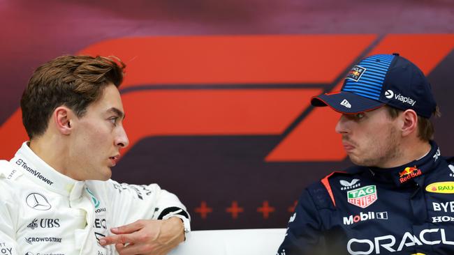 Max Verstappen and George Russell got frosty after qualifying last week. Photo by Bryn Lennon/Getty Images.