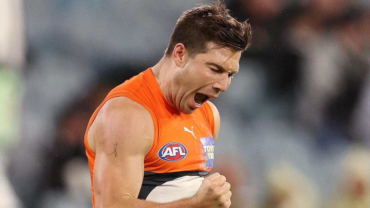 AFL Round 4. 10/04/2021. Collingwood v Greater Western Sydney at the MCG. Toby Greene of the Giants celebrates his 5th goal in the third quarter . Pic: Michael Klein