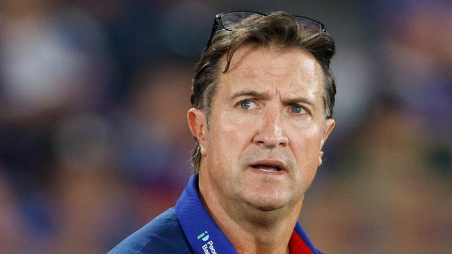 MELBOURNE, AUSTRALIA - MARCH 31: Luke Beveridge, Senior Coach of the Bulldogs looks on during the 2024 AFL Round 03 match between the Western Bulldogs and the West Coast Eagles at Marvel Stadium on March 31, 2024 in Melbourne, Australia. (Photo by Dylan Burns/AFL Photos via Getty Images)