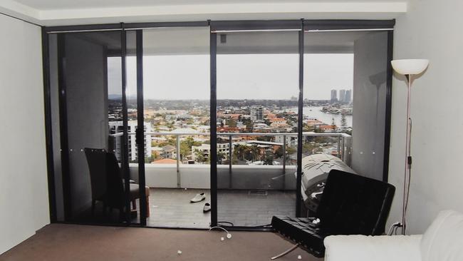 A copy photo taken on Monday, Oct. 10, 2016 of an August 8, 2014 Police photograph of Gable Tostee's 14th floor Surfers Paradise apartment. Tostee is accused of murdering New Zealand woman Warreina Wright, who fell to her death from his Surfers Paradise apartment after the pair had met through dating app Tinder in August 2014. (AAP Image/Dan Peled/Queensland Supreme Court) NO ARCHIVING, EDITORIAL USE ONLY