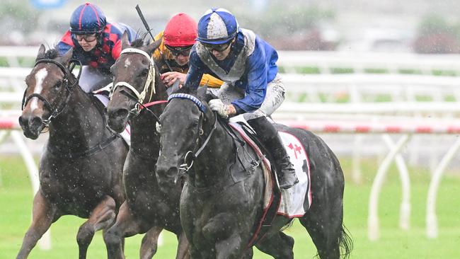 Angela Jones plows through the mud to win the Listed Gold Edition on Superalloy for trainer Rex Lipp. Picture: Grant Peters - Trackside Photography.