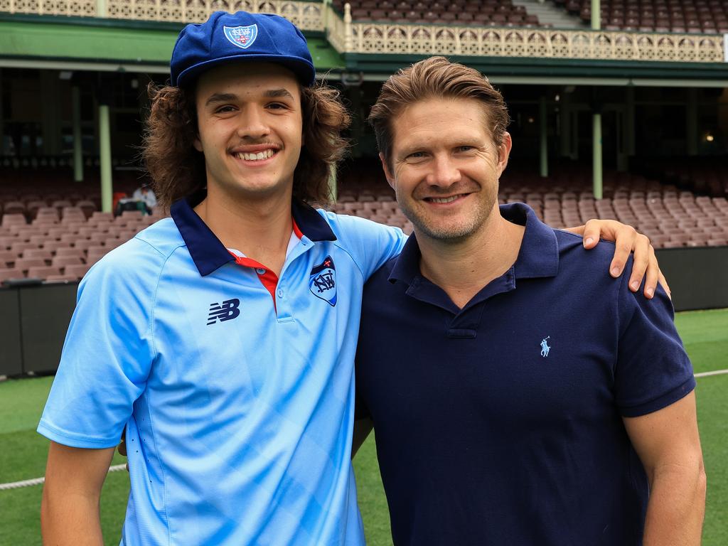 Sam Konstas with mentor Shane Watson ahead of his Sheffield Shield debut. Picture: Getty