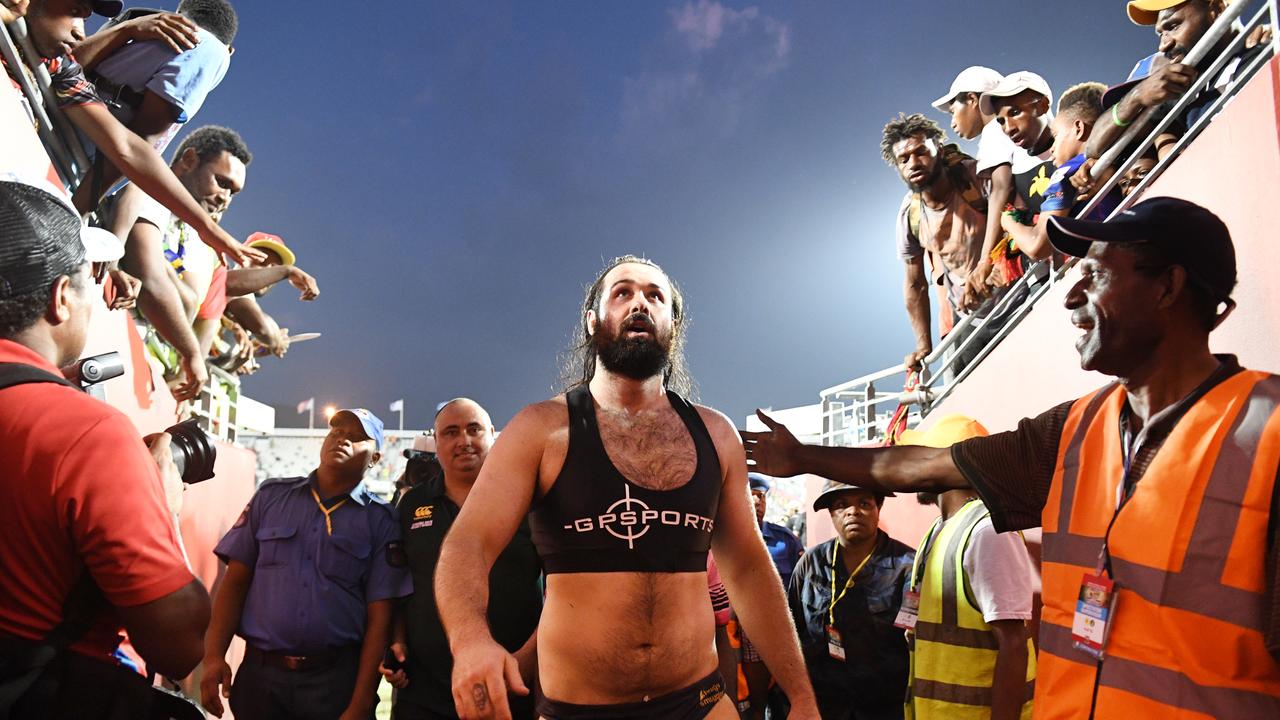 Aaron Woods leaves the field after giving away his kit following the PM XIII's win over PNG. Picture: NRL