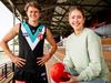 Port Player Xavier Duursma and Lucy Burford, who was just seven years old when her guernsey design won a Port Adelaide Football Club competition and was adopted to be its home guernsey Alberton 12 years ago. Adelaide, Tuesday March 2, 2021. (The Advertiser/ Morgan Sette)
