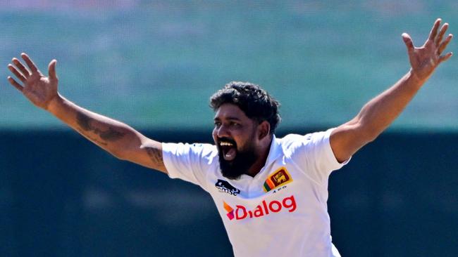 Sri Lanka's Prabath Jayasuriya unsuccessfully appeals for leg before wicket (LBW) against Australia's Beau Webster during the third day of second test cricket match between Australia and Sri Lanka at the Galle International Cricket Stadium in Galle on February 8, 2025. (Photo by Ishara S. KODIKARA / AFP)