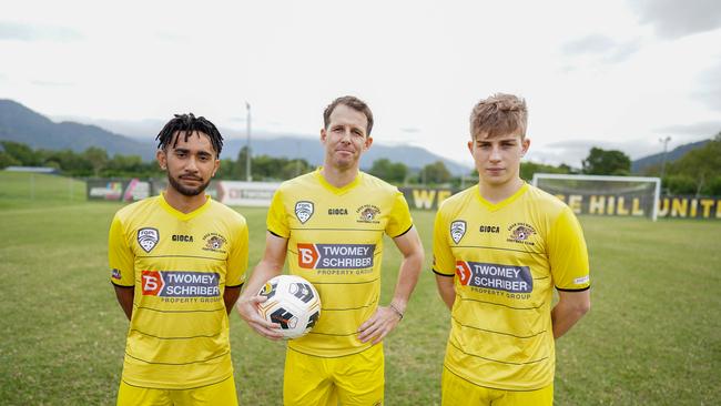 Edge Hill United’s Carlos Lewong ,Crios O’Hare and Ben McDonnell. Picture: Nuno Alexandre Avendaño