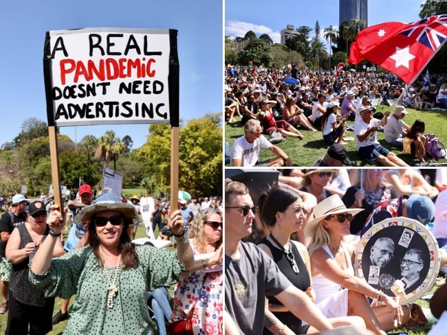 Protesters against vaccinations, masks and lockdowns in Brisbane CBD. Picture: Liam Kidston