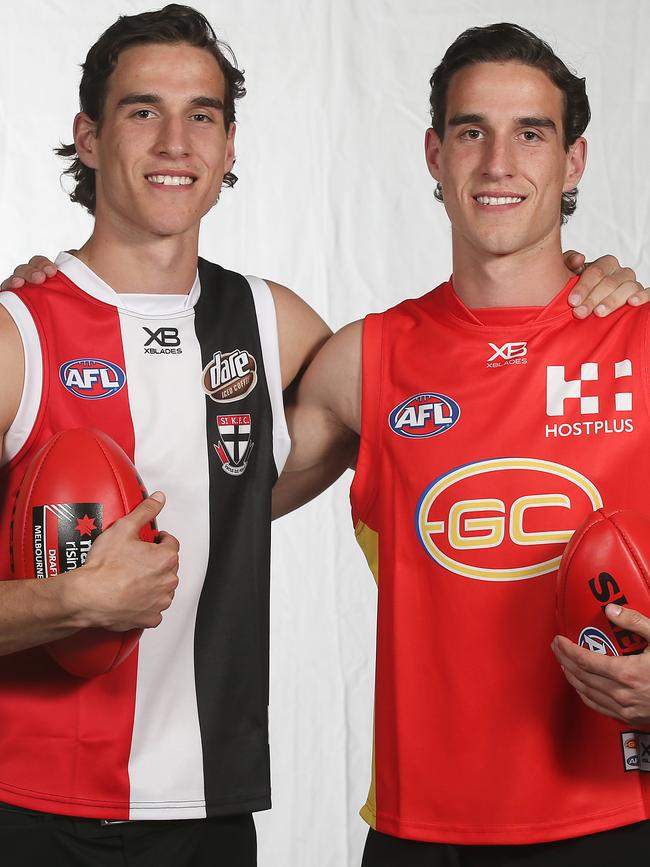 Max King in his new St Kilda colours and Ben King in his Gold Coast guernsey. Picture: Michael Klein