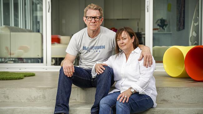 Captain Scott Rackley at home with his wife Jen Mildred after being stood down by Virgin Airlines. Picture: Mike Burton/AAP