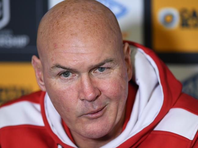 Dragons coach Paul McGregor speaks to the media during the Round 22 NRL match between the Cronulla Sharks and the St George Illawarra Dragons at Pointsbet Stadium in Sydney, Sunday, August 18, 2019. (AAP Image/Joel Carrett) NO ARCHIVING, EDITORIAL USE ONLY