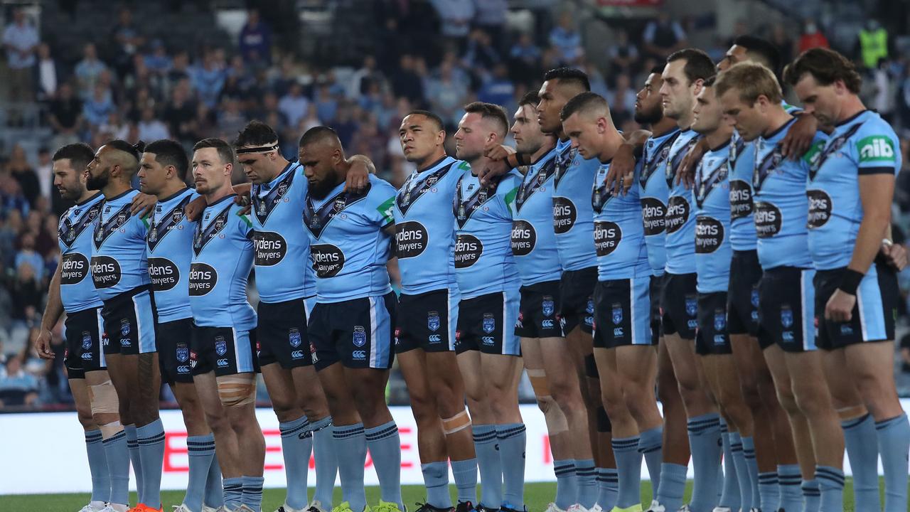 National anthem during Game 2 of the State of Origin match between the NSW Blues and Queensland Maroons at ANZ Stadium. Picture: Brett Costello