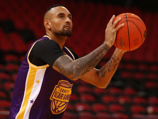 SYDNEY, AUSTRALIA - APRIL 24: Nick Kyrgios warms up ahead of the Sydney Kings Starlight Celebrity Game at Qudos Bank Arena on April 24, 2022 in Sydney, Australia. (Photo by Jason McCawley/Getty Images)