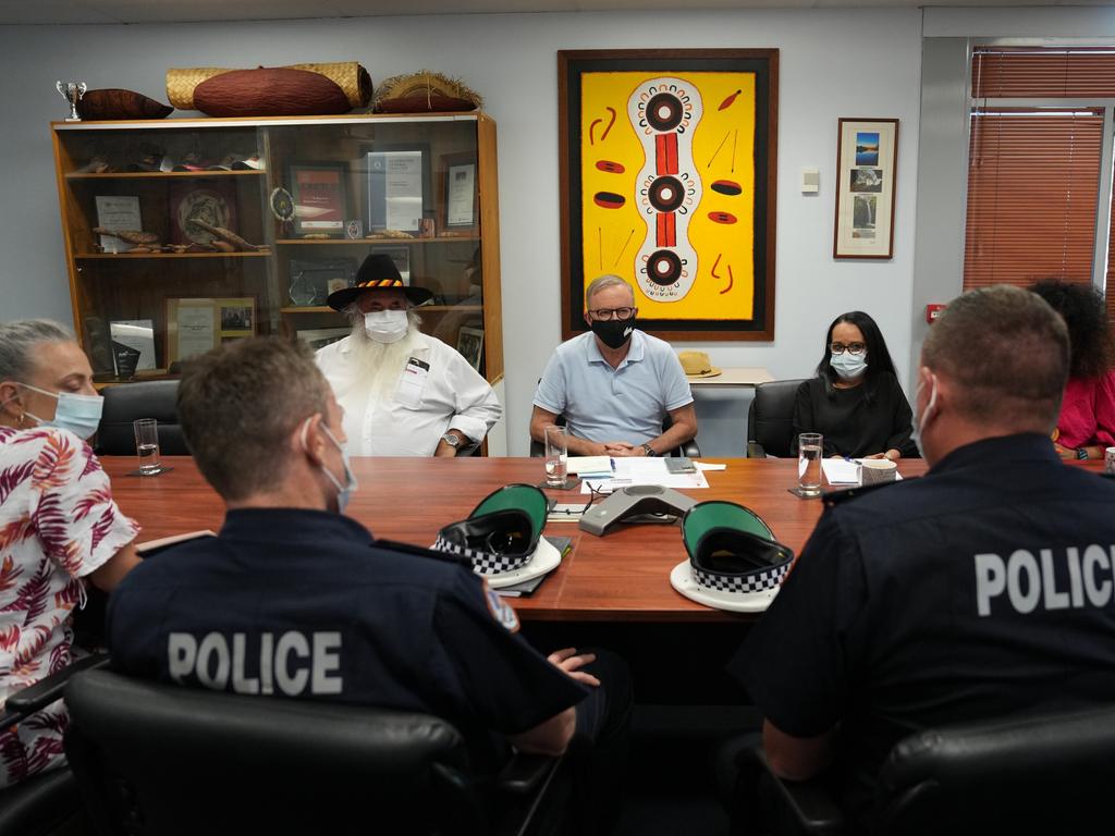 Prime Minister Anthony Albanese, Pat Dodson (L) and Linda Burney (R) meet with community groups, local council, the NT Government and frontline services in Alice Springs to discuss crime in Alice Springs. Picture: PMO