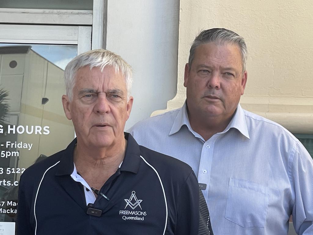 Mackay Masonic Chairman Bill Boyd and MP Andrew Wilcox in front of the Masonic Centre. Photo: Fergus Gregg