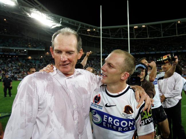 A hug for legendary Broncos captain Darren Lockyer after the 2006 victory.