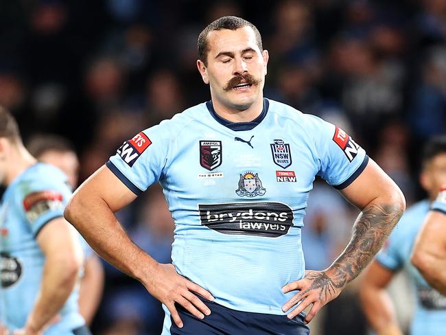 SYDNEY, AUSTRALIA - JUNE 08: Reagan Campbell-Gillard of the Blues and team mates look dejected at full-time during game one of the 2022 State of Origin series between the New South Wales Blues and the Queensland Maroons at Accor Stadium on June 08, 2022, in Sydney, Australia. (Photo by Mark Kolbe/Getty Images)