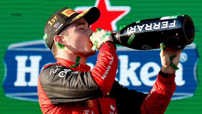 Charles Leclerc celebrates his win at Albert Park. Picture: AFP Images