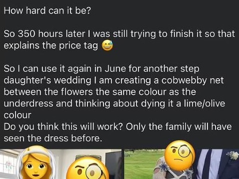 A woman has been brutally mocked on social media after sharing the DIY outfit she made to wear at her stepdaughter’s wedding. Picture: Facebook