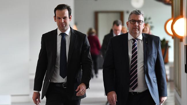 Resources Minister Keith Pitt, left, and his predecessor Senator Matt Canavan at Parliament House after a major breakthrough in the 40-year search for a storage site for low-level radioactive waste. Picture: Sam Mooy/Getty Images