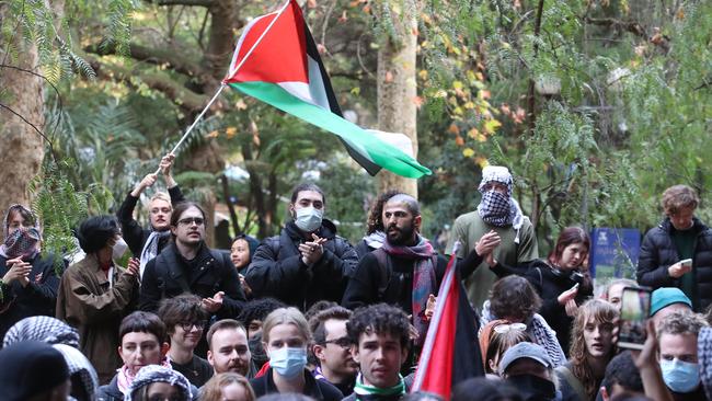 Students gather outside the Arts Building at Melbourne University, which was occupied by pro-Palestine protesters, in May 2024. Picture: David Crosling/NewsWire