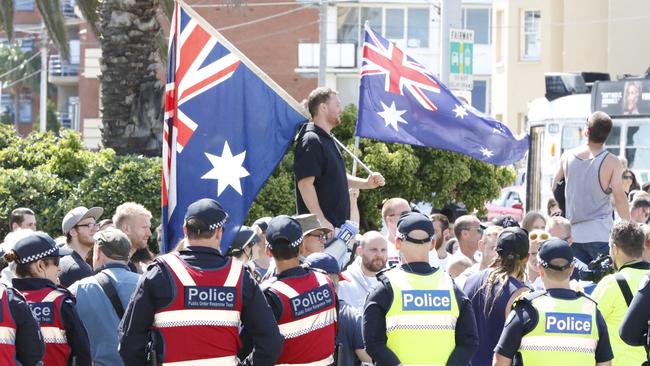 United Patriots Front leader Blair Cottrell and the anti-Islam group United Patriots Front clash with police. Picture: Matrix 