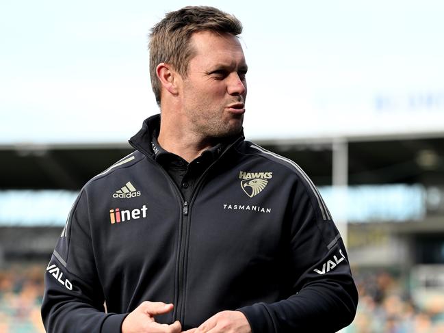 HOBART, AUSTRALIA - JULY 23: Sam Mitchell Head Coach of the Hawks is seen during the round 19 AFL match between the North Melbourne Kangaroos and the Hawthorn Hawks at Blundstone Arena on July 23, 2022 in Hobart, Australia. (Photo by Steve Bell/Getty Images)