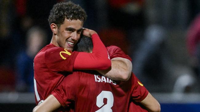 Panagiotis Kikianis, of Adelaide United, celebrates a win during the 2024 Australia Cup Quarter Final match between Adelaide United and Western Sydney Wanderers. Picture: Mark Brake/Getty Images