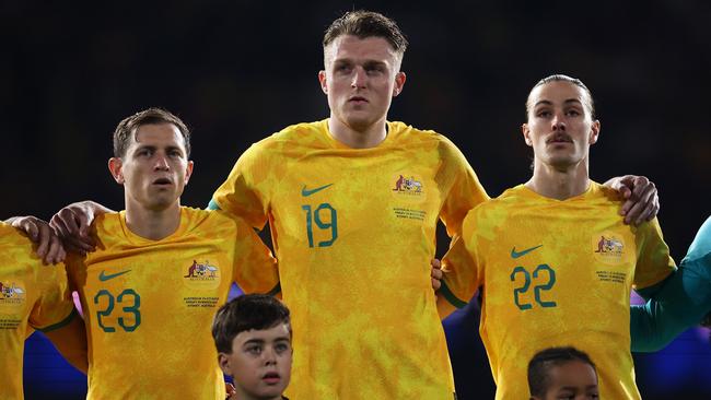 Socceroos trio (from left) Craig Goodwin, Harry Souttar and Jackson Irvine are set to play important roles on Tuesday night. Picture: Mark Kolbe/Getty Images