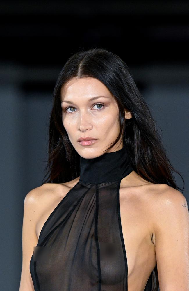 A braless Bella Hadid walks the runway during the Ludovic De Saint-Sernin show in Paris. Picture: Getty Images