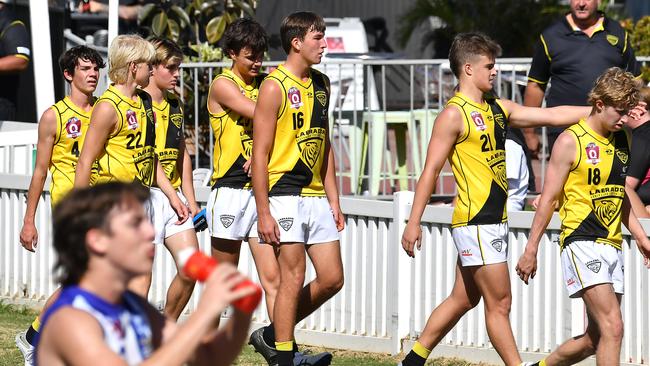 Labrador players come from the ground QAFL footy colts between Mt Gravatt and Labrador Saturday May 6, 2023. Picture, John Gass