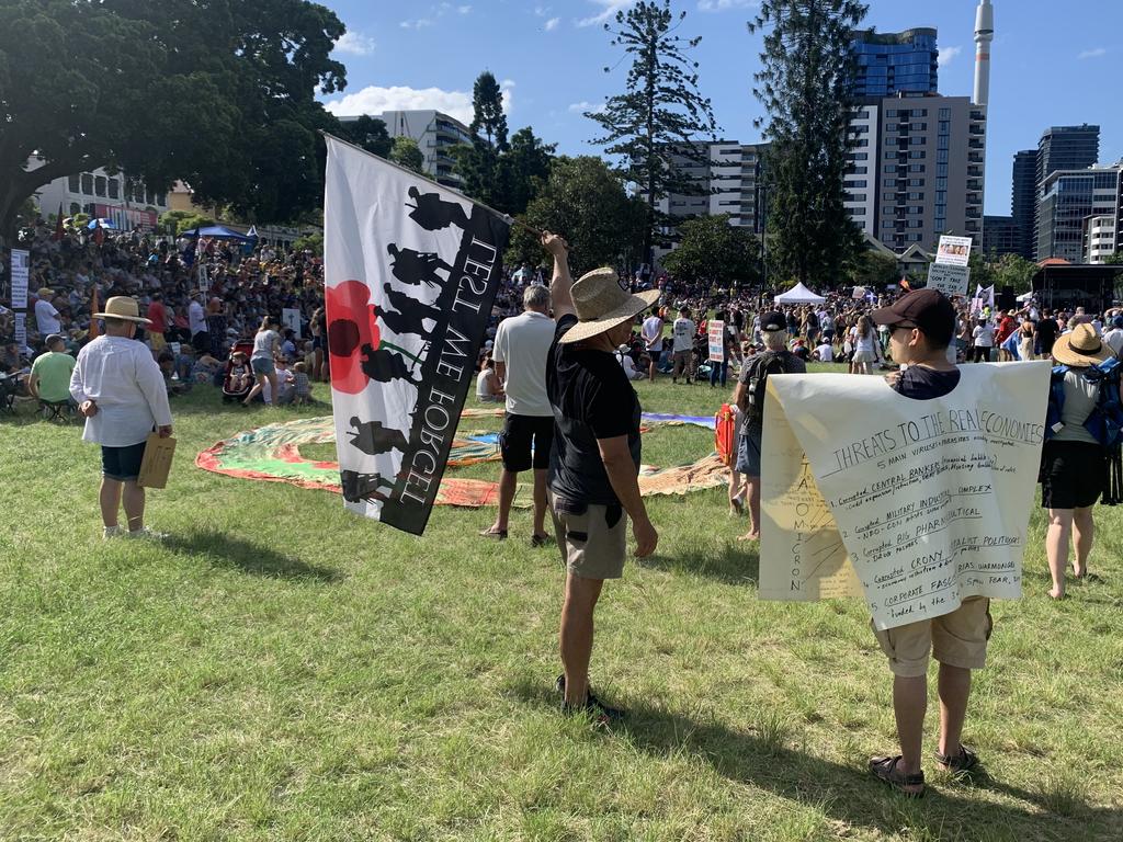 Thousands of people gathered at Musgrave Park, West End, in protest of Queensland's vaccine mandate. Picture: Elise Williams