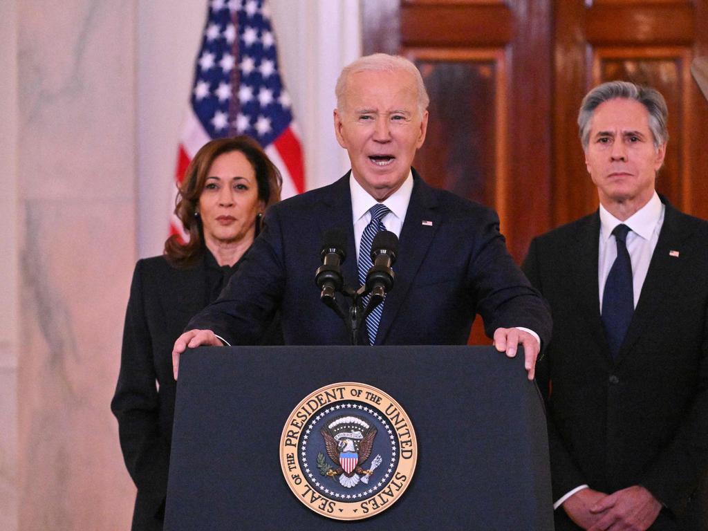 US President Joe Biden, alongside Vice President Kamala Harris and Secretary of State Antony Blinken, speaks about the Israel-Hamas ceasefire and hostage release deal at the White House. Picture: Roberto Schmidt/AFP