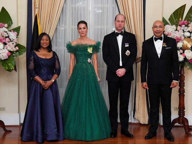 Wife of the Governor-general of Jamaica Patricia Allen, Catherine Duchess of Cambridge, Prince William Duke of Cambridge and the Governor-general of Jamaica Patrick Allen. Picture: Getty Images