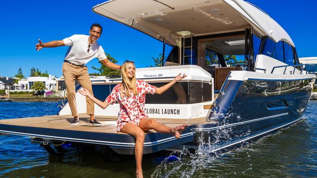 Sanctuary Cove International Boat Show. Paulo Borges and Annalise West on the Maritimo S60 sedan luxury motor yacht global launch. Picture: Nigel Hallett