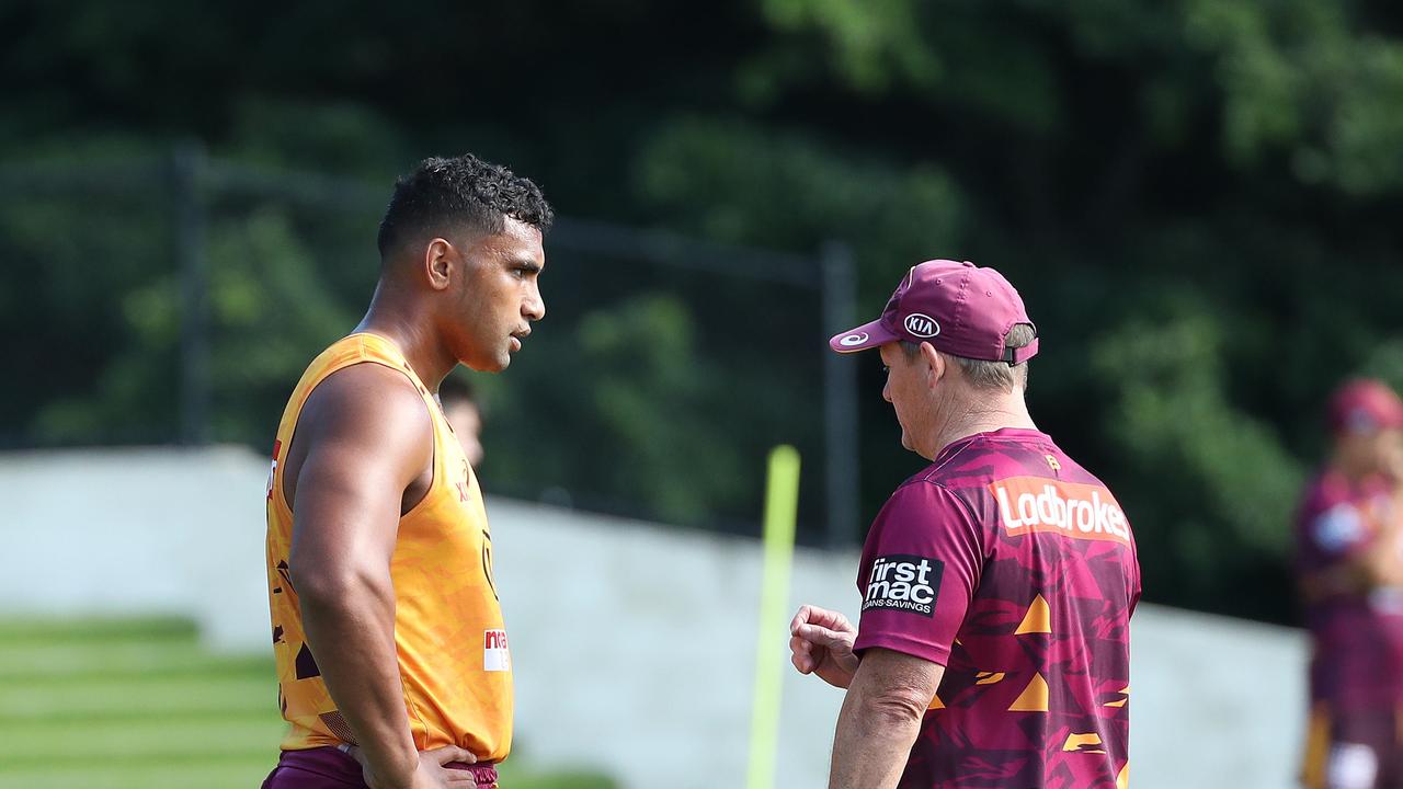 Tevita Pangai Jr talking with coach Kevin Walters during his first stint at the Broncos.